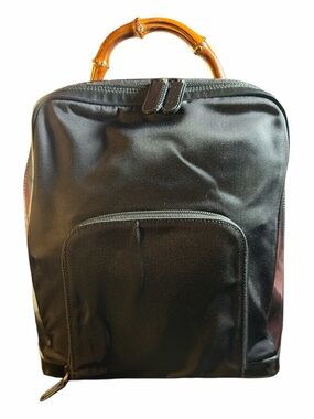 Gucci Vintage Black Nylon and Patent Leather Backpack with Bamboo Top Handle COA